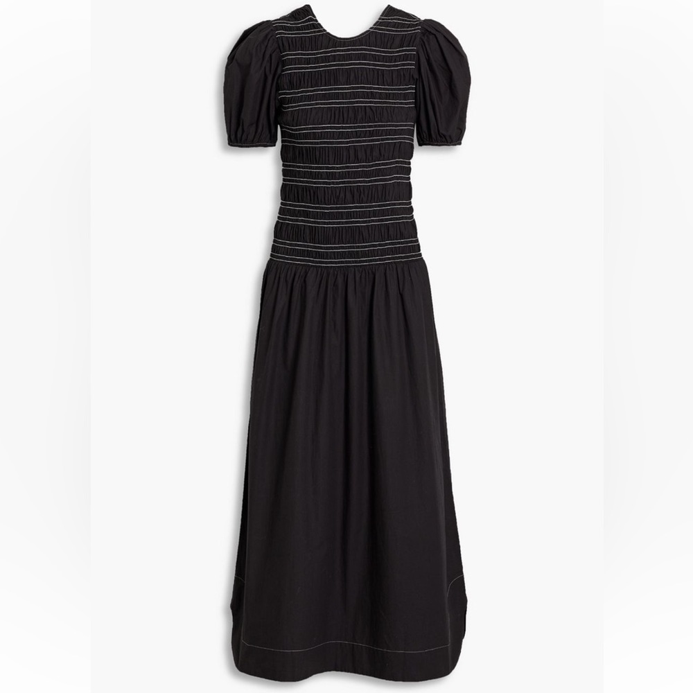Ganni Shirred Cotton Poplin Dress in black